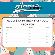 The image is a product label for an adult crew neck baby doll crop top, providing size measurements for different age groups.