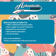 The image is a colorful abstract pattern with a blue background and a list of recommendations for a canvas baby and toddler tee.