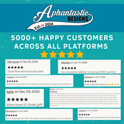 The image is a promotional graphic for a company called "Aphantastic Designs" that features customer reviews and feedback.