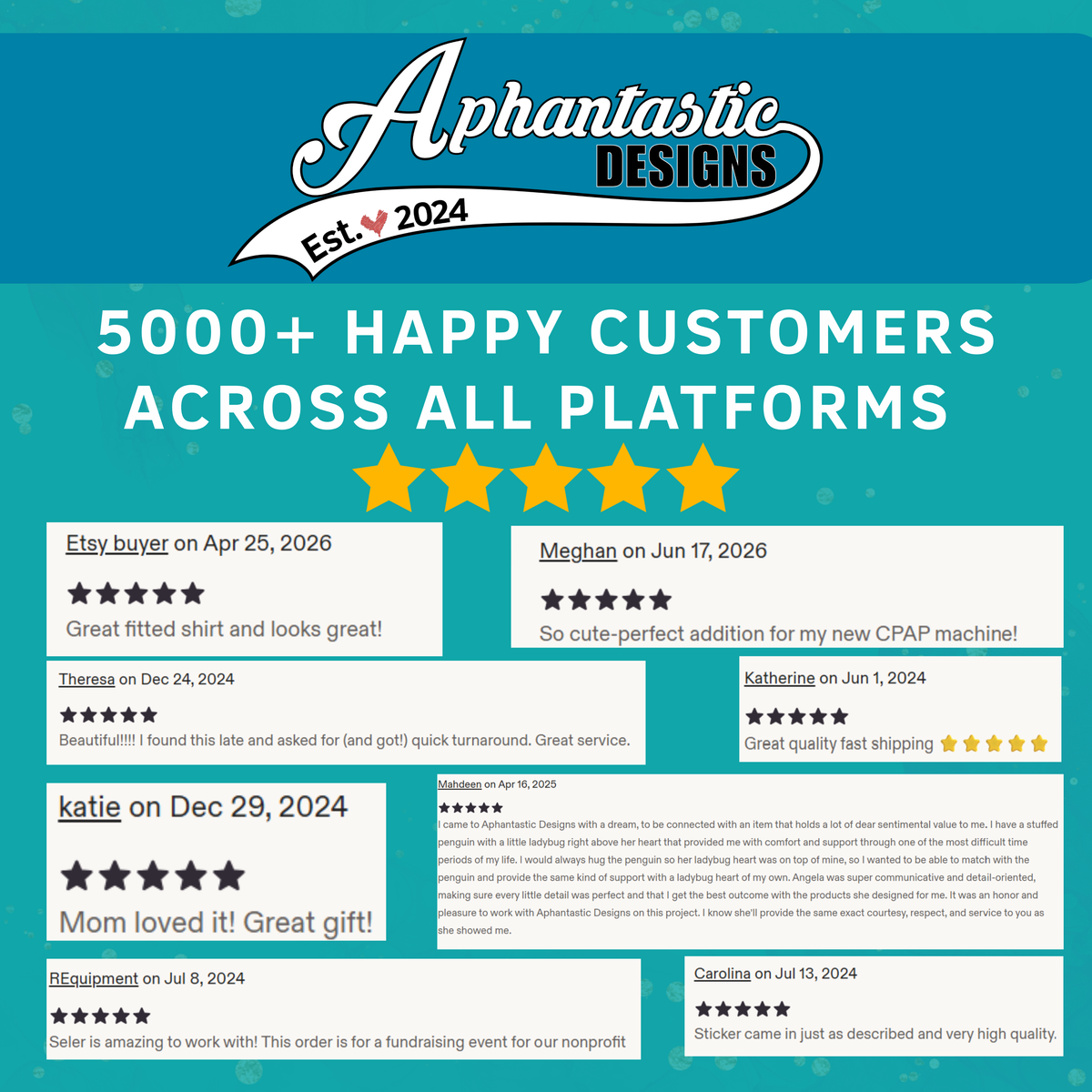 The image is a promotional graphic for a company called "Aphantastic Designs" that features customer reviews and feedback.