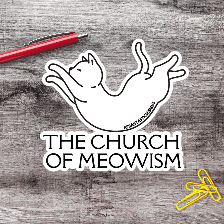 Church Of Meowism White Cat Vinyl Sticker - Aphantastic Designs