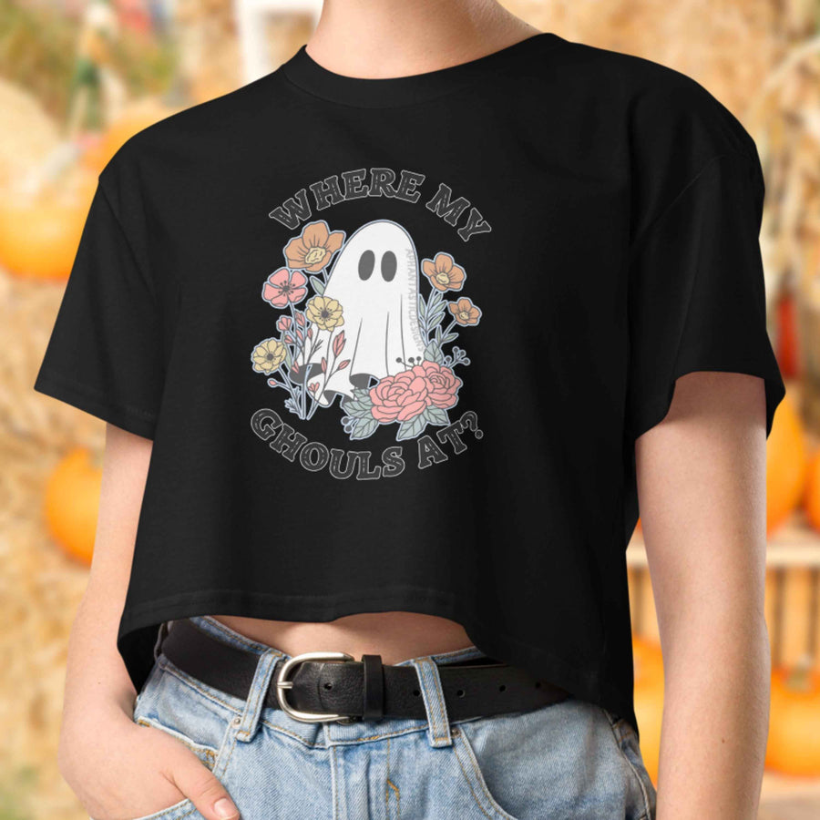 Where My Ghouls At Ghost Halloween Crop Top Baby Tee