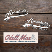 logos and text for a company called "Aphantastic Designs" and a business called "Odell Mae Custom Print & Embroidery Studio".