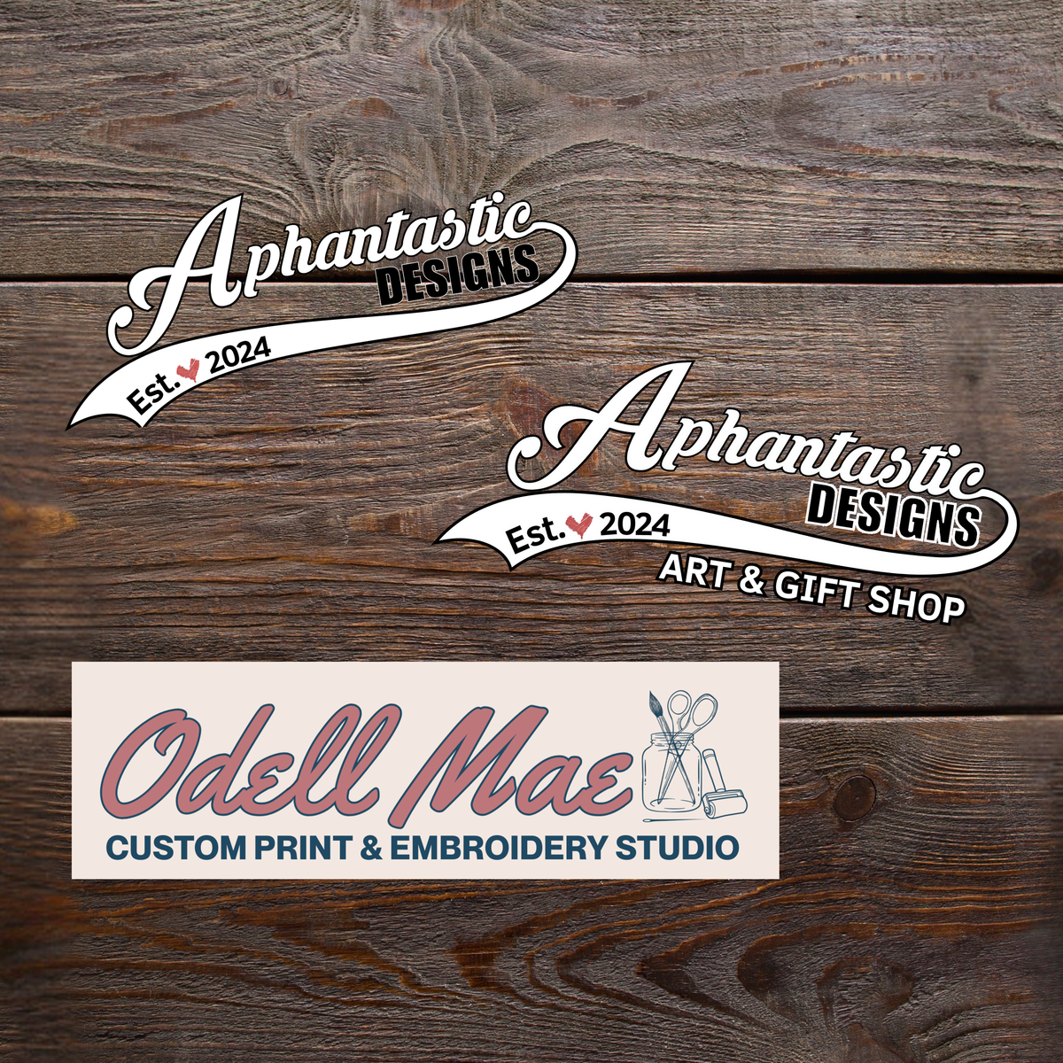 logos and text for a company called "Aphantastic Designs" and a business called "Odell Mae Custom Print & Embroidery Studio".