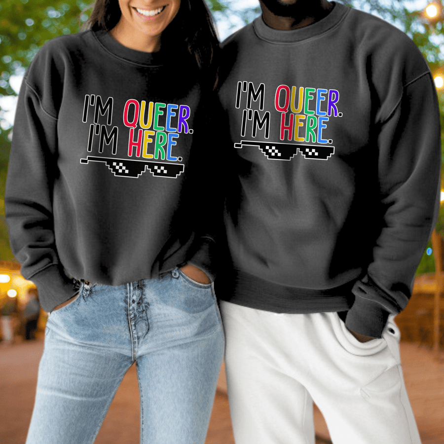 I'm Queer I'm Here LGBTQ+ Sweatshirt | Adult S–3XL - Aphantastic Designs